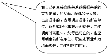 圆角矩形标注: 和自己有直接血缘关系或婚姻关系的直系亲属，如父母、配偶和子女等。已离退休的，应写明离退休前所在单位、职务或职业和政治面貌等，并注明何时离退休。父母已死亡的，也应写明生前所在单位、职务或职业和政治面貌等，并注明死亡时间。